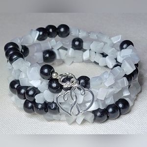 New Wood and Cats Eye Gemstone Beaded Wrap Bracelet with Double Heart Charm
